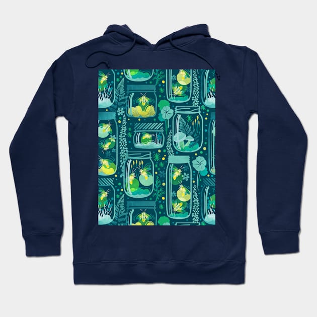 Glowing in the moss // pattern // teal background jars with lightning fireflies bugs quirky whimsical and bioluminescence lampyridae beetles Hoodie by SelmaCardoso